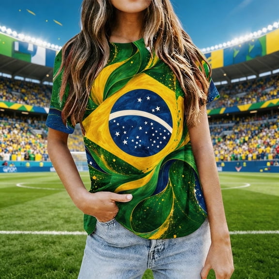 Women's Football Jersey Shirts Brazil Crewneck Short Sleeve Printed T Shirt Loose Fan Top Fashion Sports Party Casual Summer Tee Tops L