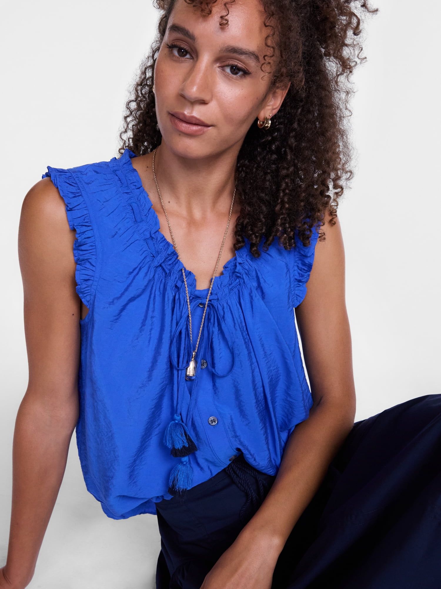 Scenario Women's and Women's Plus Ruffle Neck Tank Top with Tie Front, Sizes XS-4X