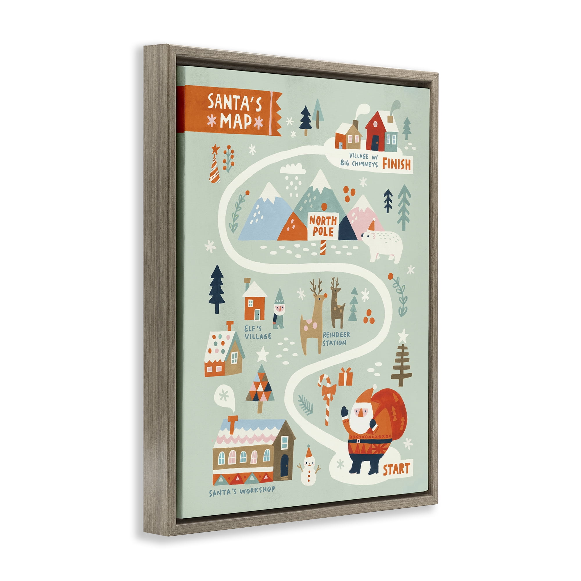 Stupell Industries Jolly Map Of North Pole Holiday Painting Brown Floater Framed Canvas Art Prints Wall Art, 25 x 31
