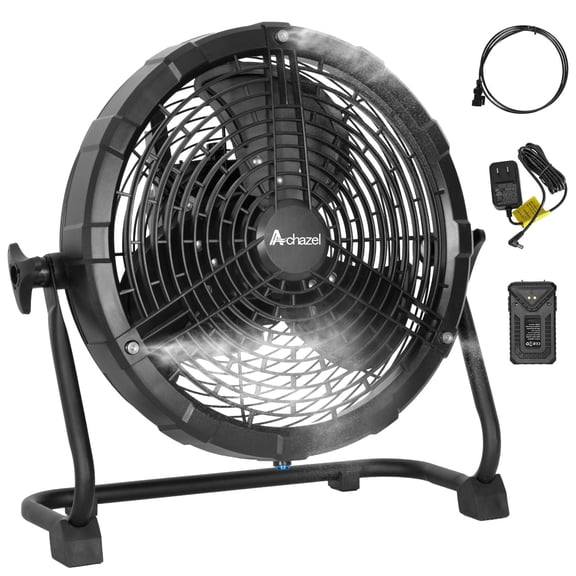 Achazel 12" Portable Misting Fan 1950 CFM Rechargeable Outdoor Floor Fan 15600mAh Battery Powered for Outside Travel Backyard Patio Tent Picnic