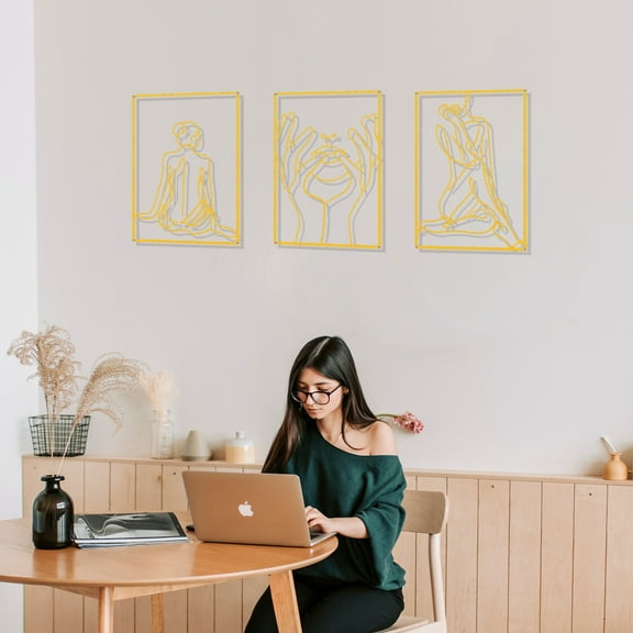Holylove 3 Pcs Wall Art Room Decor - 0.12" Thicker Modern Metal Abstract Female Shape Single Line Art Wall Sculptures Bedroom Decor - Gold Minimalist Wall Decor for Living Room