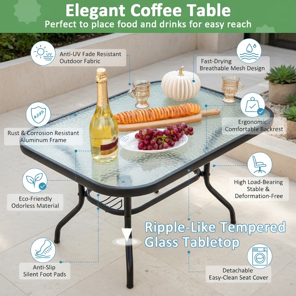 Hommoo Outdoor Loveseat Set with Tempered Glass Coffee Table, Metal Frame, Cushions, Heavy-Duty Patio Seating for Backyard, Poolside & Balcony, Gray