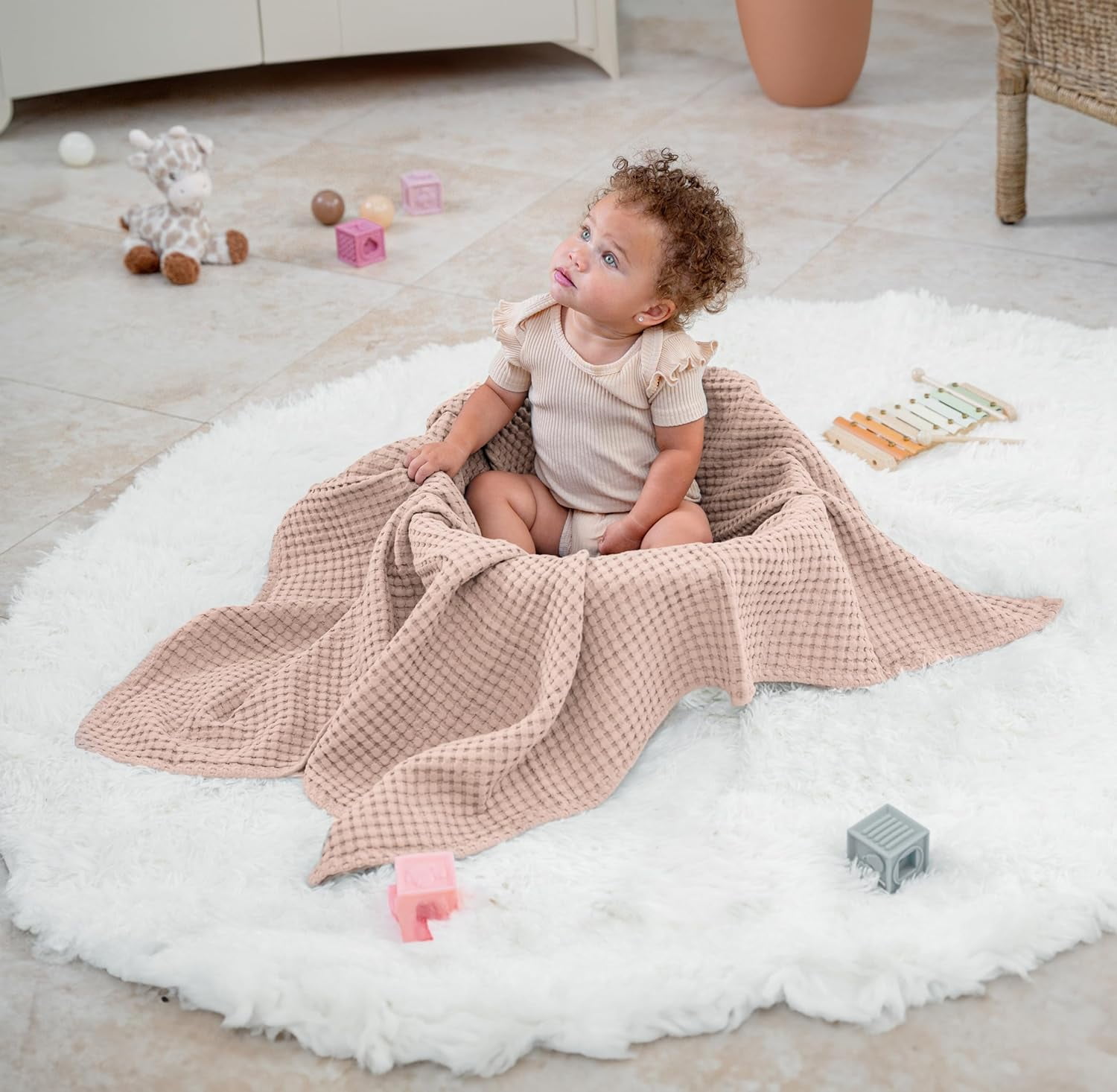 Comfy Cubs Waffle Weave Blanket - 40” x 40” - 100% Cotton Soft, Lightweight Baby Blanket, Blush