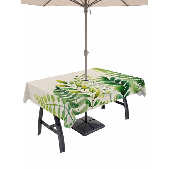 Outdoor Tablecloths with Umbrella Hole & Zipper, Spring Leaves Rectangle Tablecloth 60x120 Inch, Pastoral Garden Botanical Rustic Burlap Waterproof Table Cloth, Patio/Pool/Picnic Table Covers