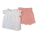 thumbnail image 5 of Girls 2 Piece Outfits Children Summer Sets Little Girls Short Sleeve T Shirt Elastic Waist Drawstring Shorts Solid Color Soft Comfortable Stretchy Sports Pink 8-9 Years, 5 of 7