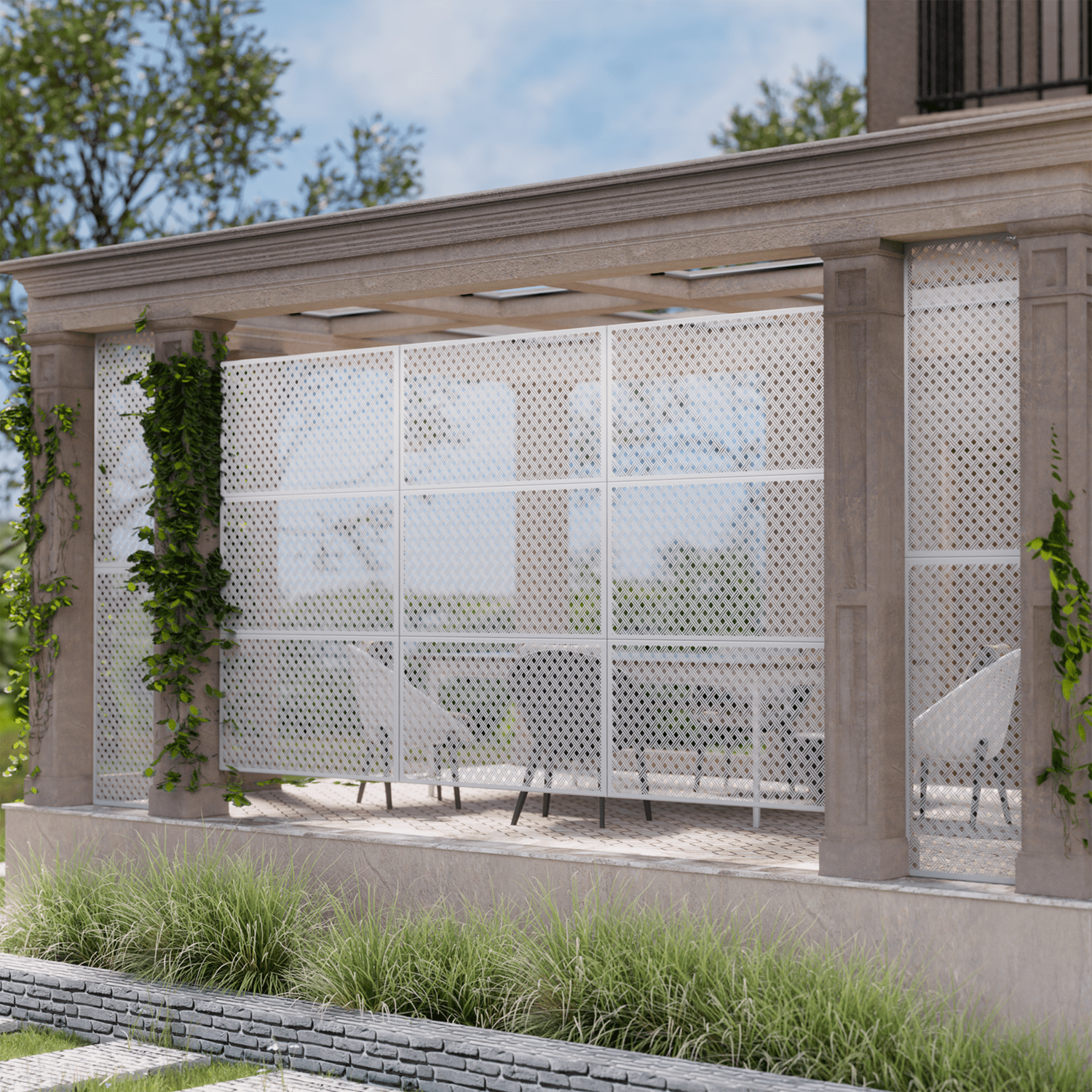 MAYEERTY 72"x47"x16" Outdoor Privacy Screen with Stand Metal Balcony Decorative Screen,White