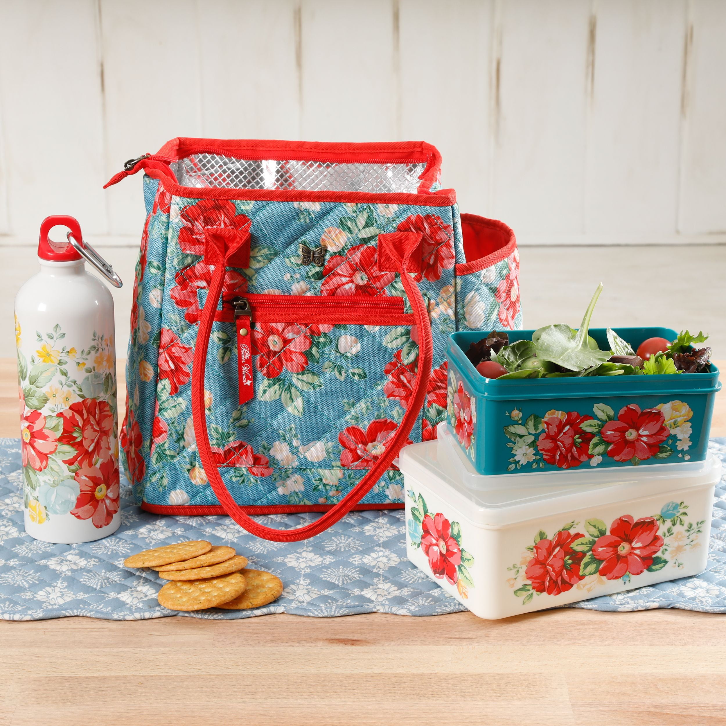 The Pioneer Woman Classic Charm Insulated 3 Piece Lunch Tote Kit Bottle Floral 