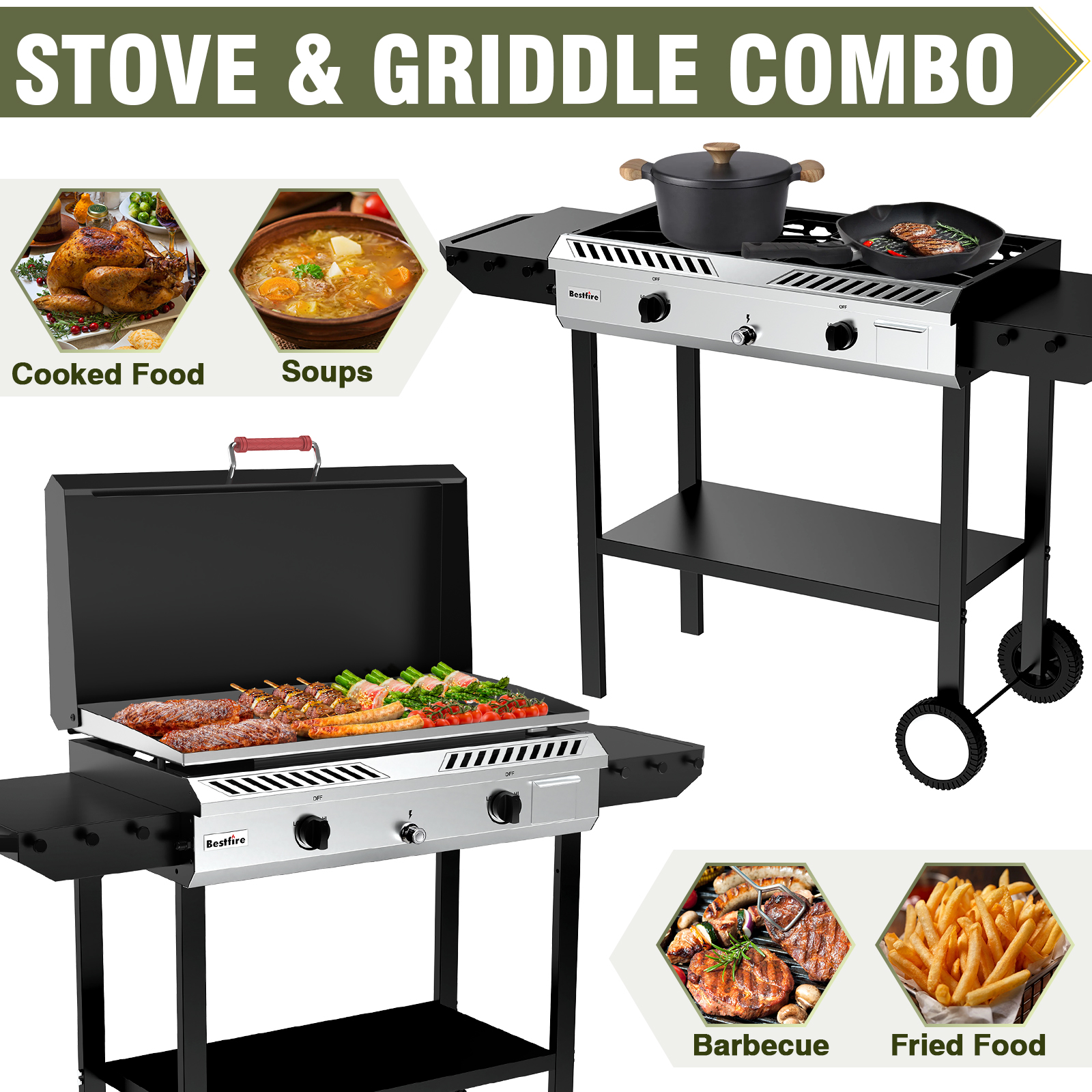 Frizi 2 Burner Gas Stove with Griddle, 150,000 BTU Propane Stove with Auto Ignition & Regulator, High-Pressure, Cast Iron