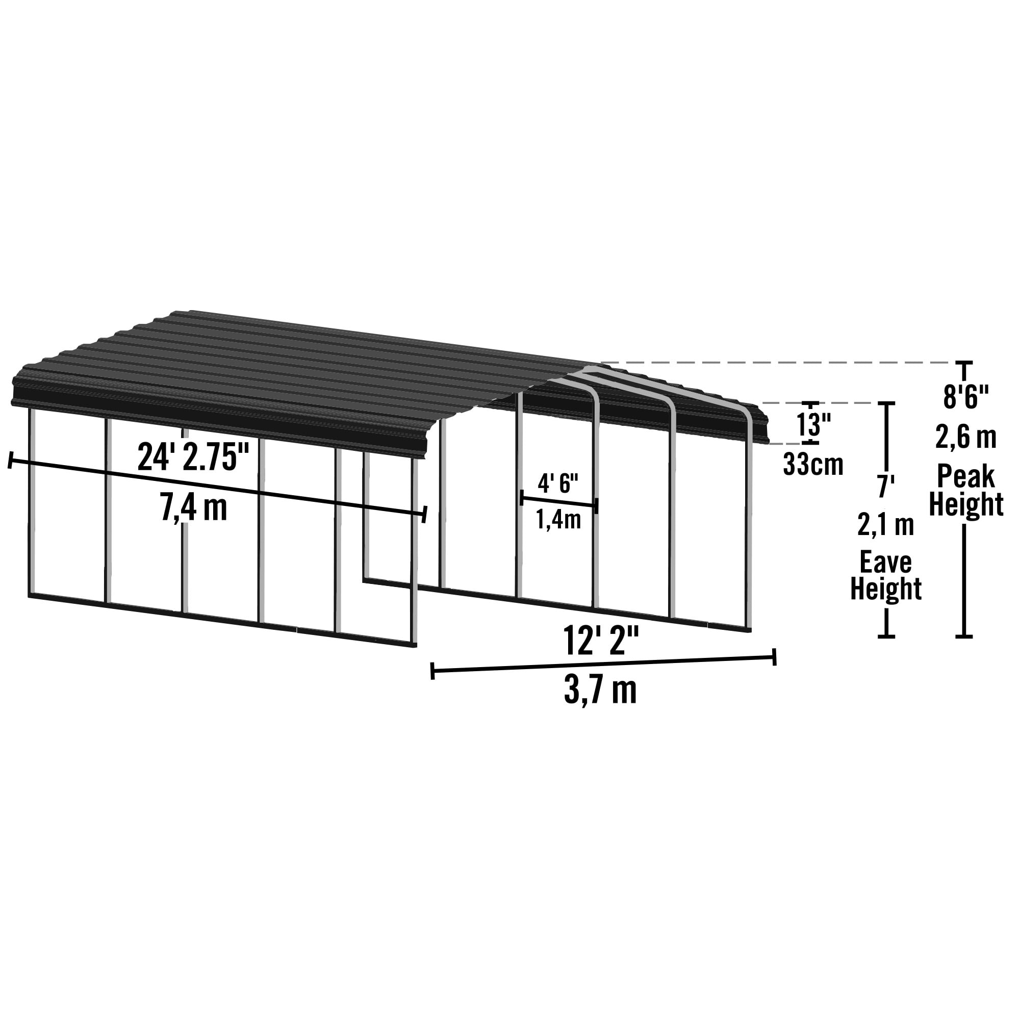 Arrow 12 x 24 x 7 ft Charcoal Carport