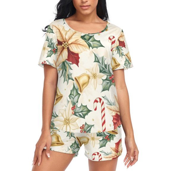 joogoo Women's Pajama Set Christmas Poinsettia Flower Short Sleepwear Loungewear with Pockets M