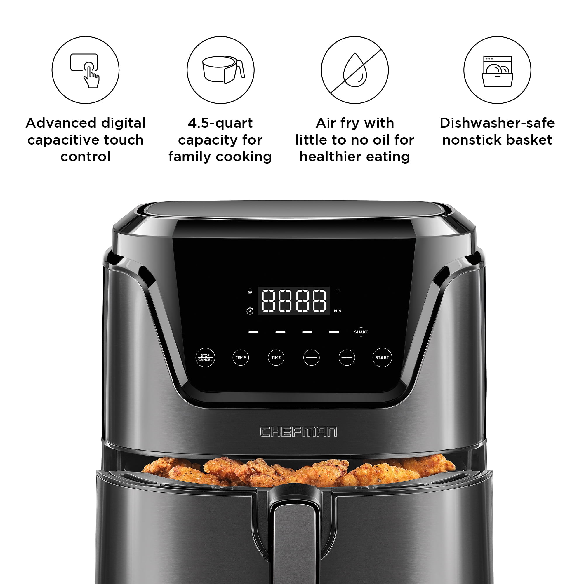 Chefman Digital Air Fryer, Large 5 Qt Family Size, One Touch  Digital Control Presets, French Fries, Chicken, Meat, Fish, Nonstick  Dishwasher-Safe Parts, Automatic Shutoff, Black : Home & Kitchen