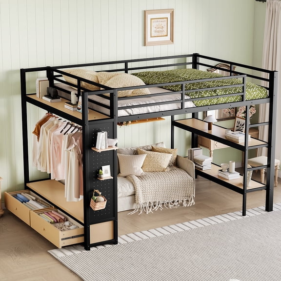 YDSM Queen size Loft Bed Frame with Wardrobe,Metal Loft Bed with Storage Shelves and Pegboard
