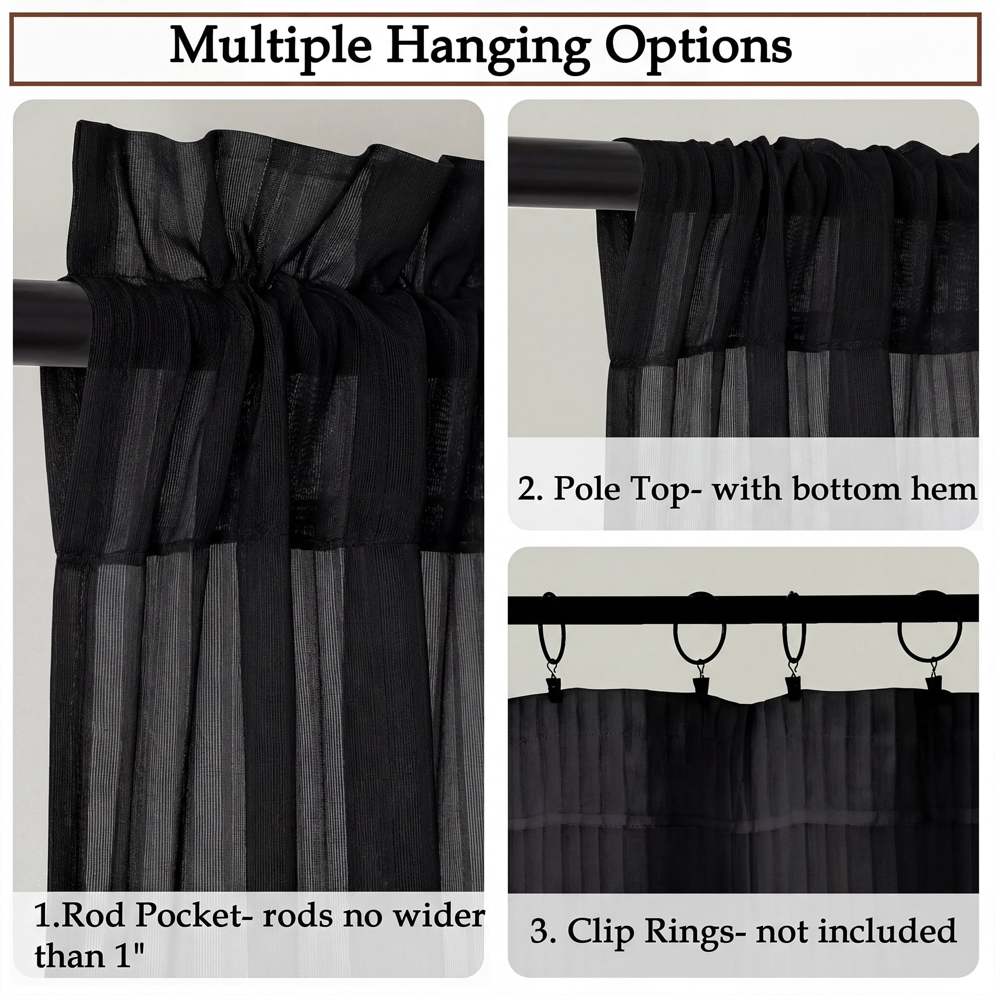 OVZME Luna 84" Black Striped Sheer Curtains 2 Panels - Light Filtering Privacy Sheers for Living Room Sliding Glass Doors, Vertical Stripe Textured Rod Pocket, 42"W x 84"L Each, Black