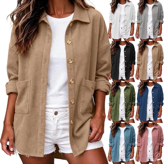 Tqcoqu Women Corduroy Shacket Button Down Loose Long Sleeve Casual Jacket, Button Down Front with Dual Pockets,Women's,Size S-XXXL
