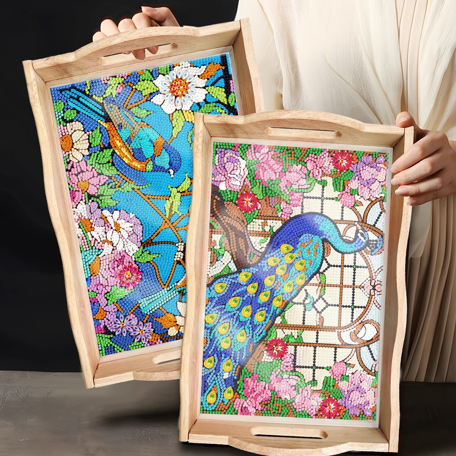 FLOPESN DIY Diamond Art Painting Tray,Handmade Wooden Tray Mosaic by Number Kits Diamond Art for Coffee Living Room Home Organizer-Peafowl