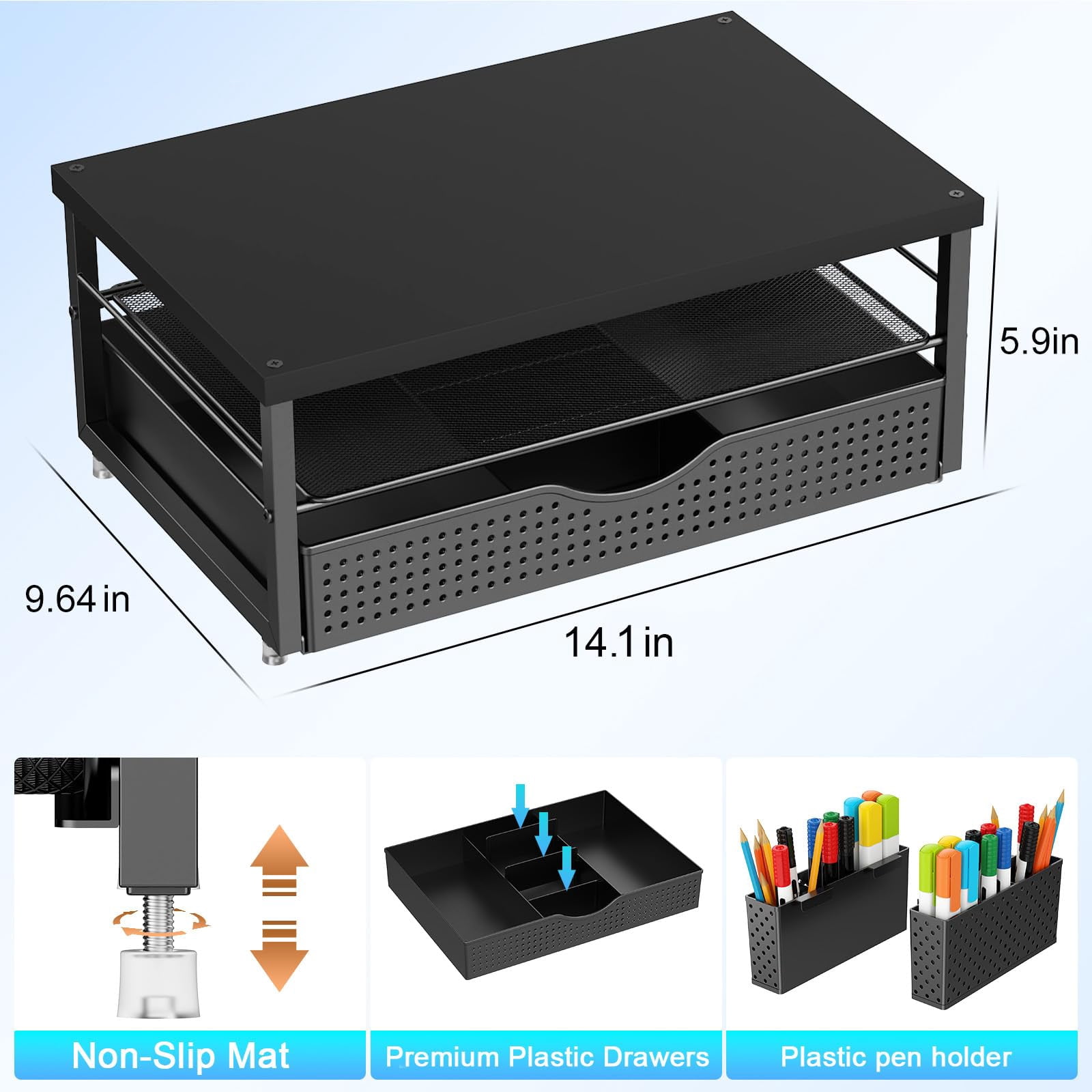 Wood Monitor Stand Riser  Office Desk Shelf Organizer With Drawer And Pen Holder 2-tier Computer Organization (ink)