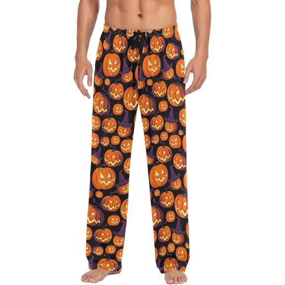 Cute Pumpkin Halloween Men's Pajama Pants, Soft and Comfortable Lounge Sleep Bottoms with Pockets, Men's Sleepwear with Custom Print, Small
