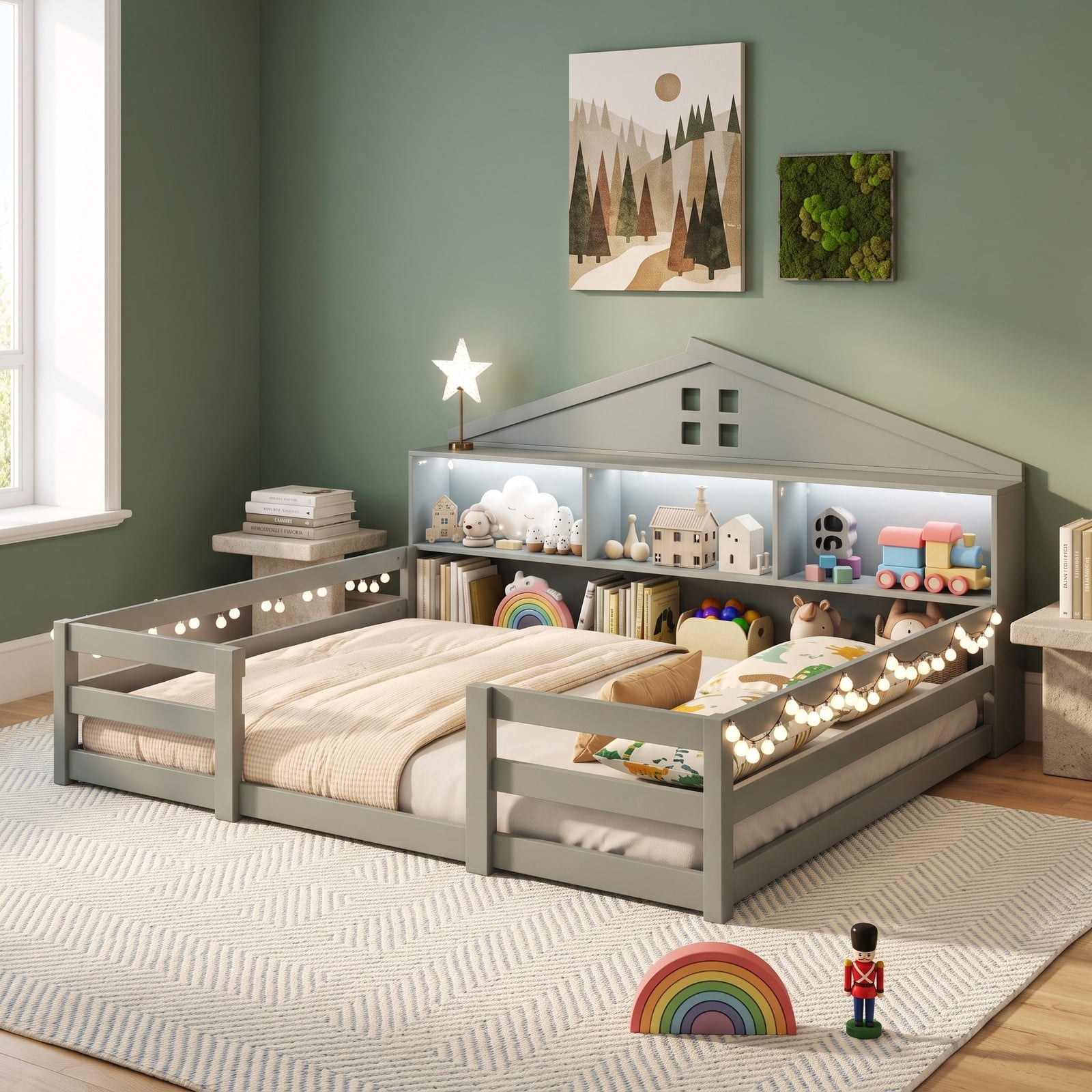Furnibear Full Size Bed Frame Montessori Floor Bed for Kids, House Bed with Storage Headboard Guardrails and LED Lights, Full Bed Frame, Gray