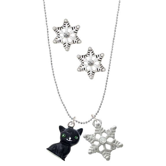 Delight Jewelry Resin Black Cat Silver tone Snowflake Charm Necklace and Stud Earrings