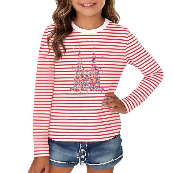 WOYY Toddler Girls Long Sleeve Stripe T Shirt Comfy Casual Crew Neck T-Shirt, Sizes 3-14