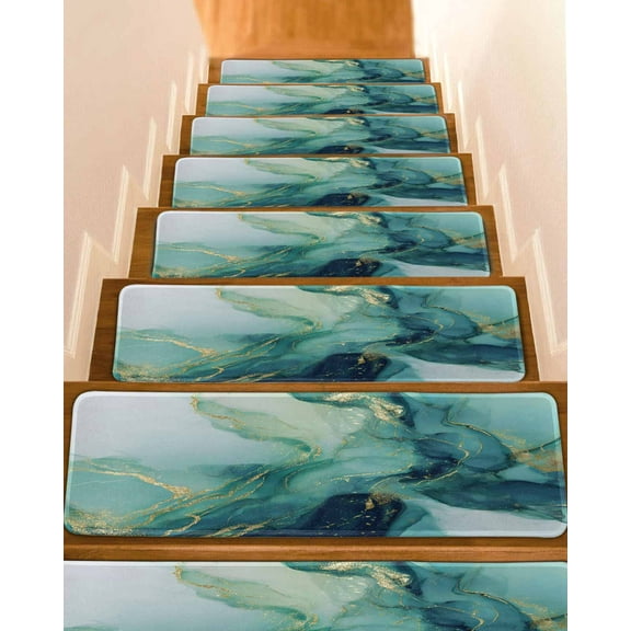 Turquoise Marble Non-Slip Stair Treads for Wooden Steps, 4 Pack-8x30in Carpet Stair Mats with Adhesive Backing, Noise-Reducing Step Covers for Indoor Stairs, Easy to Install & Residue-Free