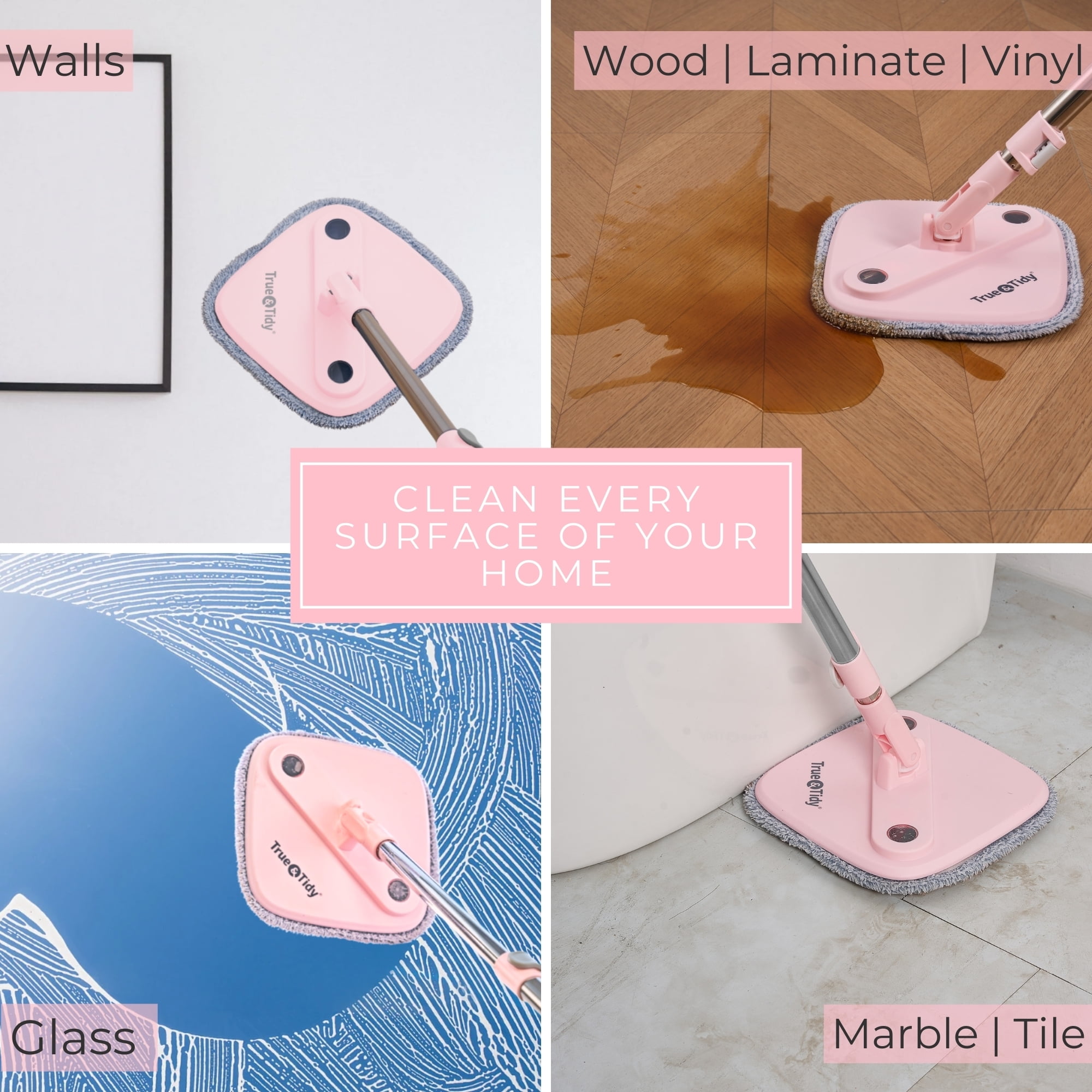 True Clean Spin Mop and Bucket System with Clean Water Separation, Self Cleaning Microfiber Floor Mop for Vinyl & Tile, Rose
