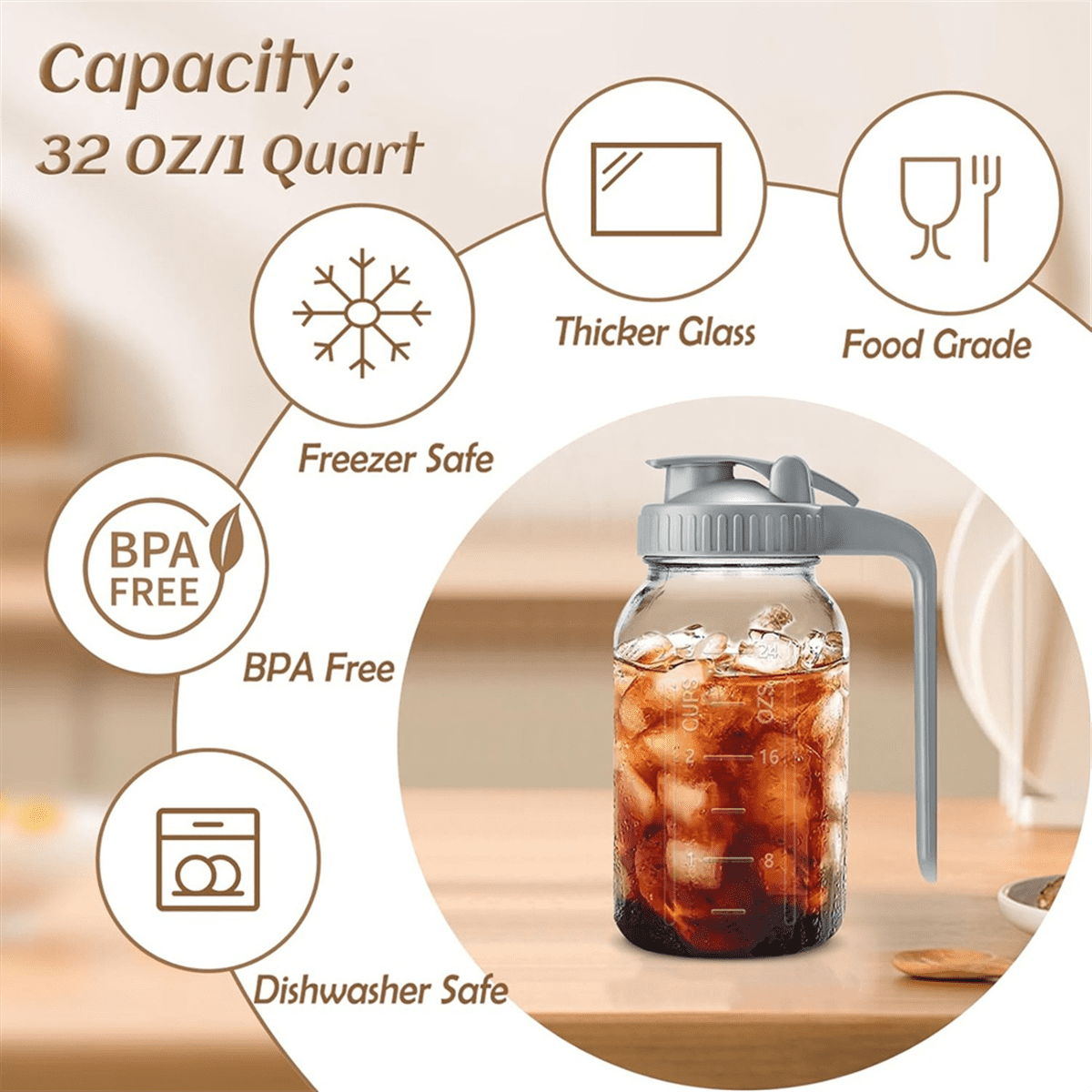 Glass Pitchers with Lid and Handle,32oz,Wide Mouth Leak-Proof Glass Water Pitcher, Creamer Container for Cold Brew 2Pcs