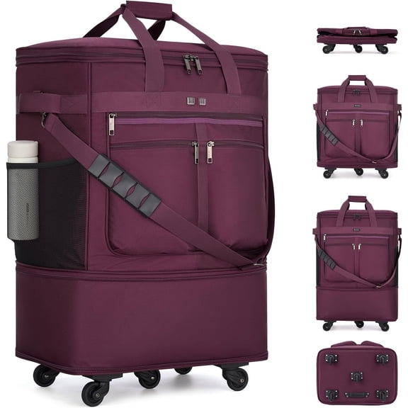 Expandable Luggage Bags for Travel Foldable Suitcase with Wheels Collapsible Rolling Travel Duffle Bag Lightweight Large Suitcases without Telescoping Handle, Purple