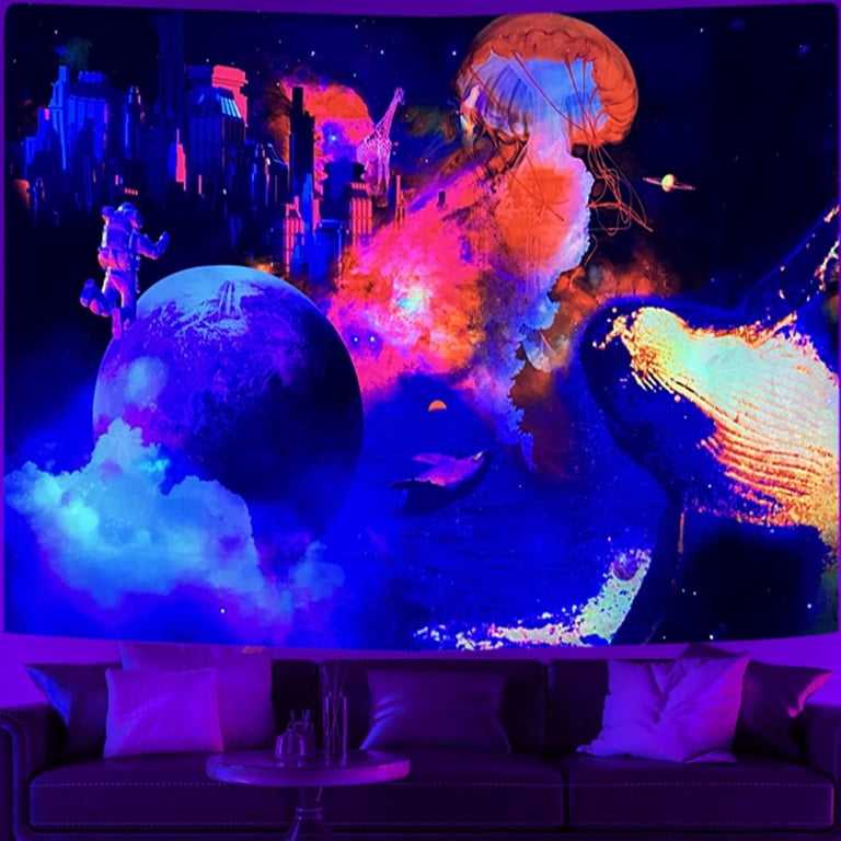 Tapis Mural UV Réactif Space War - Art Abstrait Lumière Noire - Tapisserie Polyester 100%