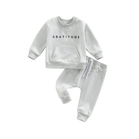 

Sunisery 2Pcs Toddler Baby Girls Boys Outfits Letter Print Long Sleeve Sweatshirts Tops + Elastic Waist Long Pants Silver Gray 6-12 Months