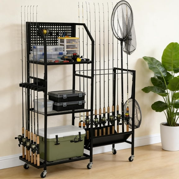 3-Tier Fishing Pole Holders for Garage with Pegboard and Hooks, Heavy-Duty Metal Rod Rack Holds Up to 18 Rods with Lockable Wheels