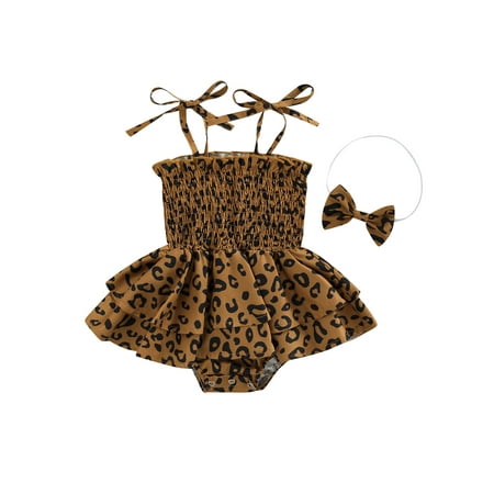 

Eyicmarn Baby Girls Romper with Headband Infants Suspender Leopard Printed Double Layered Skirt Hem One-piece Jumpsuit with Hairband
