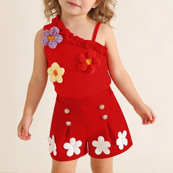 qelini Sleeveless Top and Shorts Set Girls 0-3Years 3D Floral Ribbed Knit Summer 2 Piece Outfit Summer Sets