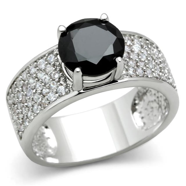 Women Rhodium Brass Ring with AAA Grade CZ in Jet - Size 6
