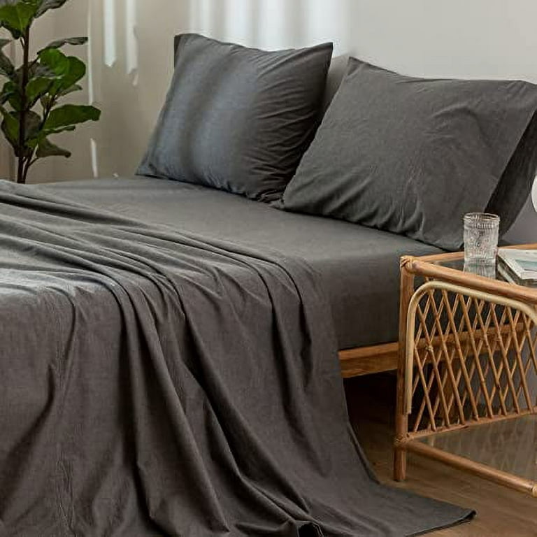 MooMee Bedding Sheet Set 100% Washed Cotton Linen Like Textured