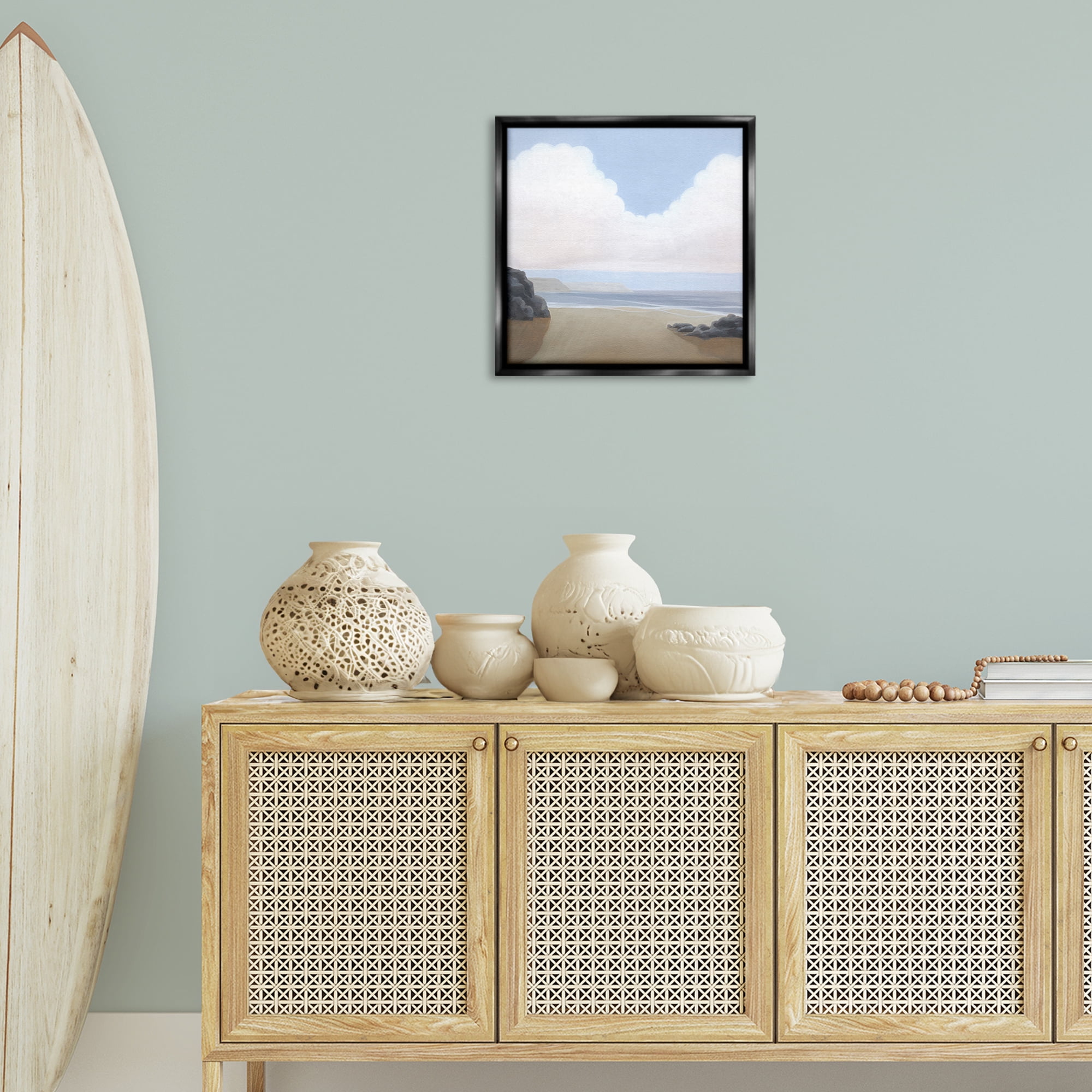 Stupell Industries Fluffy Clouds Over Beach Landscape Painting Black Floater Framed Canvas Art Print Wall Art, 18 x 18