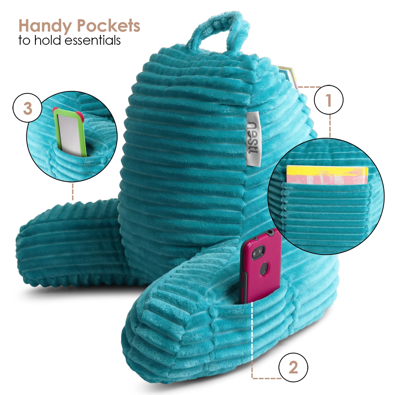 Nestl Reading Pillow with Portable Lap Desk Stand - Striped Back Support Pillow, Small, Teal
