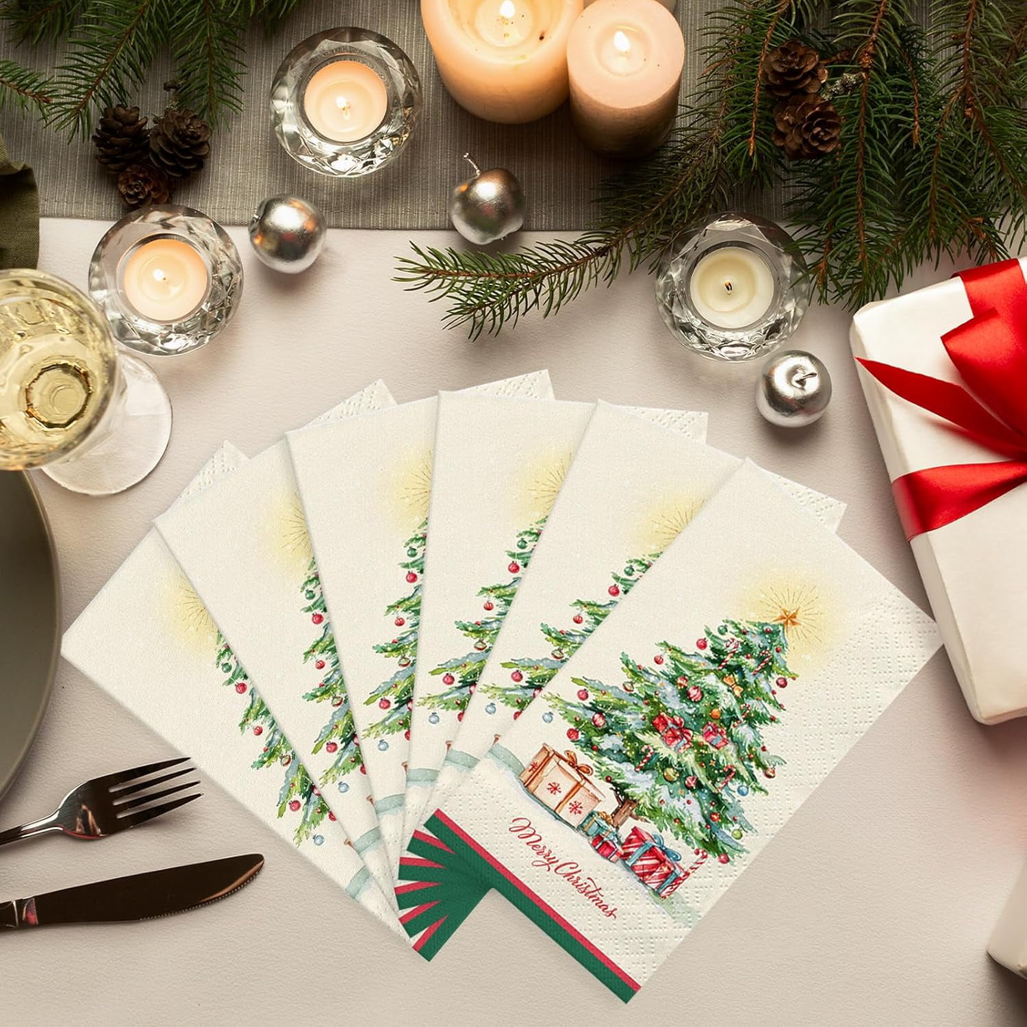 100 Pcs Christmas Disposable Paper Decorative Guest Napkins | Xmas Dinner Hand Napkin For Home Kitchen Bathroom Wedding Holiday Decor