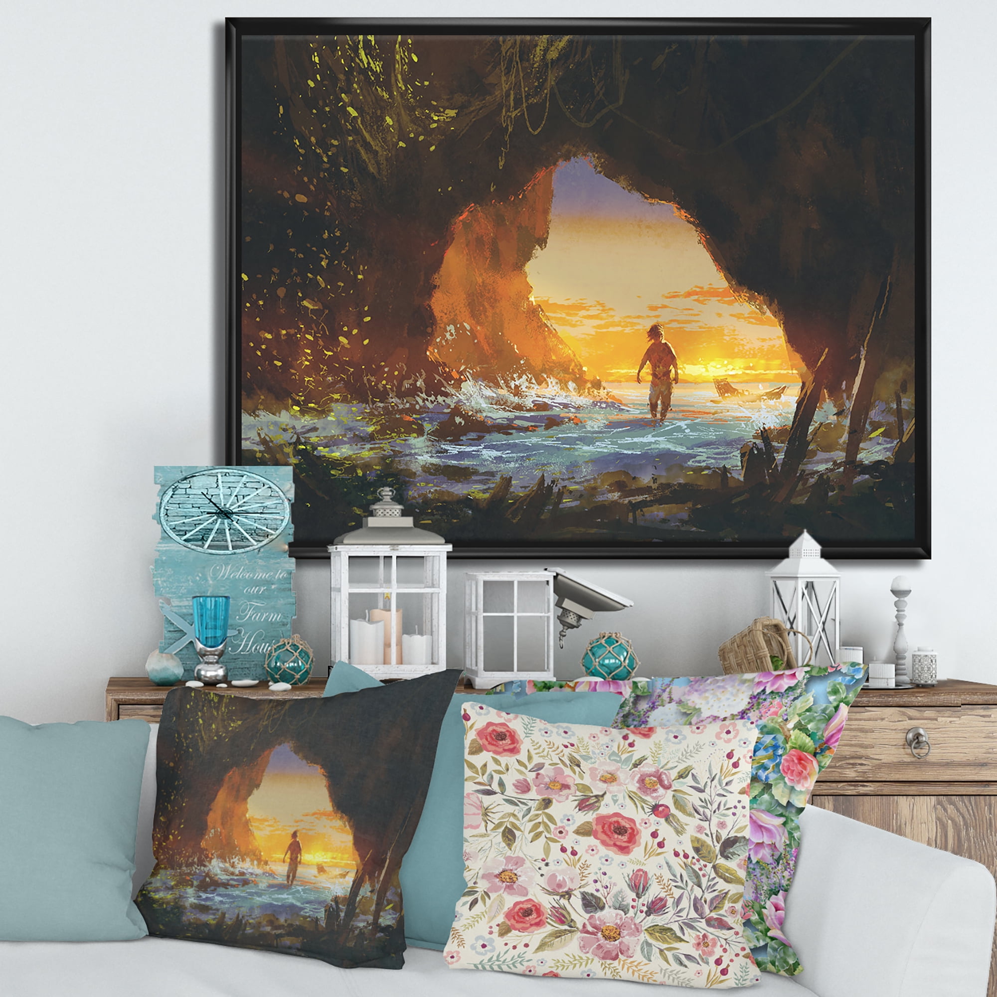 Designart 'The Sea Cave At Sunset With The Man Walking In' Nautical & Coastal Framed Canvas Wall Art Print