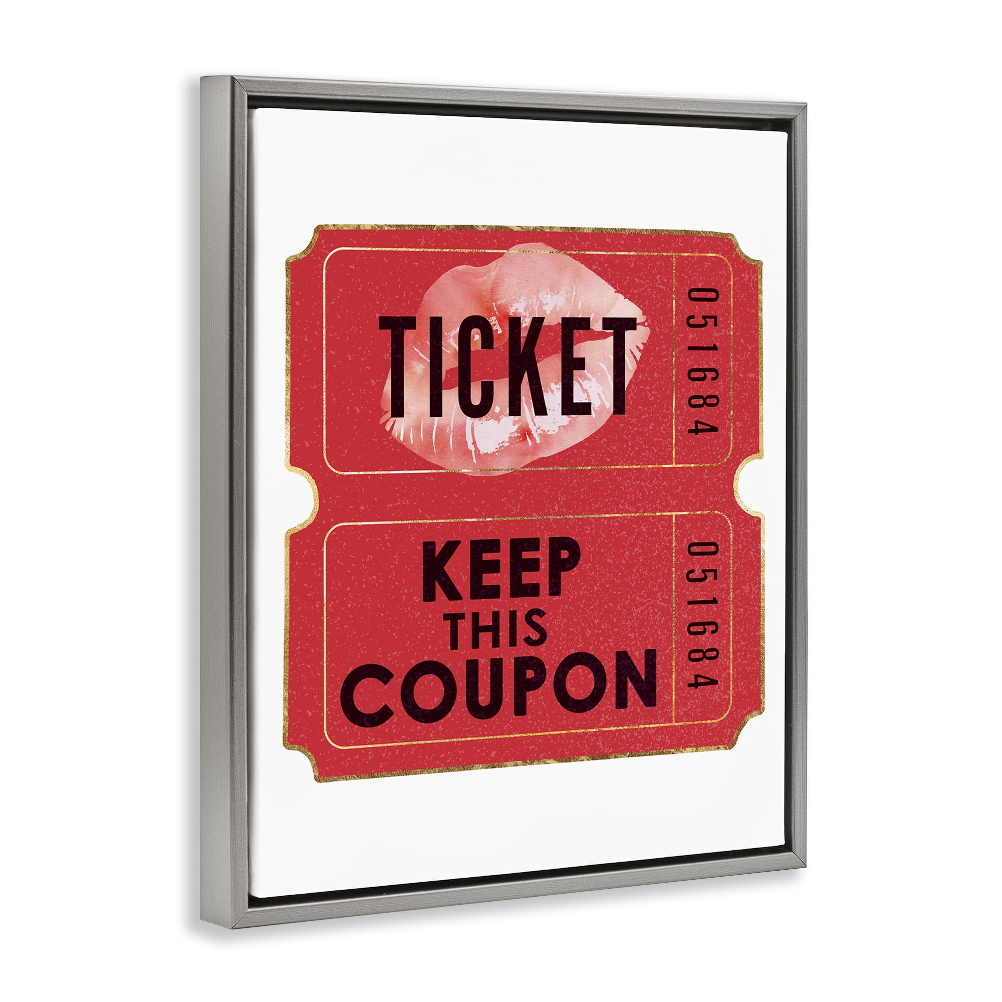 Stupell Industries Glam Kiss Ticket Novelty Painting Gray Floater Framed Art Print Wall Art, 25 x 31