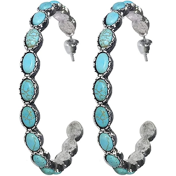 Pendiente de moda de aro de metal bohemio turquesa, pendientes de aro de imitación turquesa en tono plateado