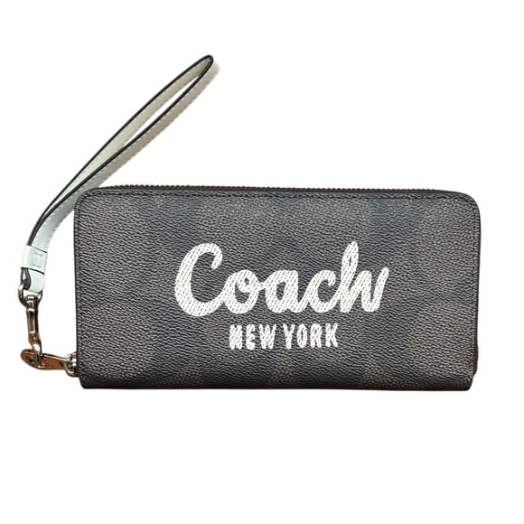 Cartera Coach Café con logos negros y cremallera plateada