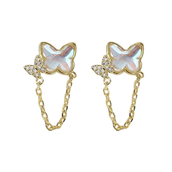 HUANLEDASH 1 Pair Ear Studs Mini Faux Moonstone Elegant Rhinestone Embedded Butterflies Chain Women Earrings Fashion Jewelry