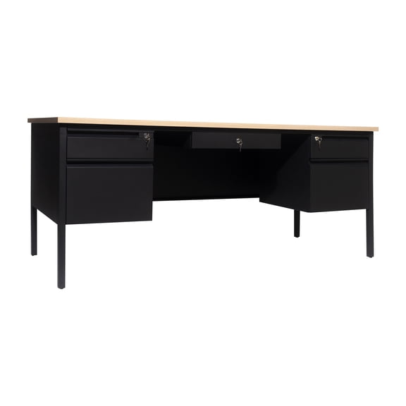 Flash Furniture Commercial Grade 30x70 Double Pedestal Desk with 5 Locking Drawers, White Oak Top and Black Frame