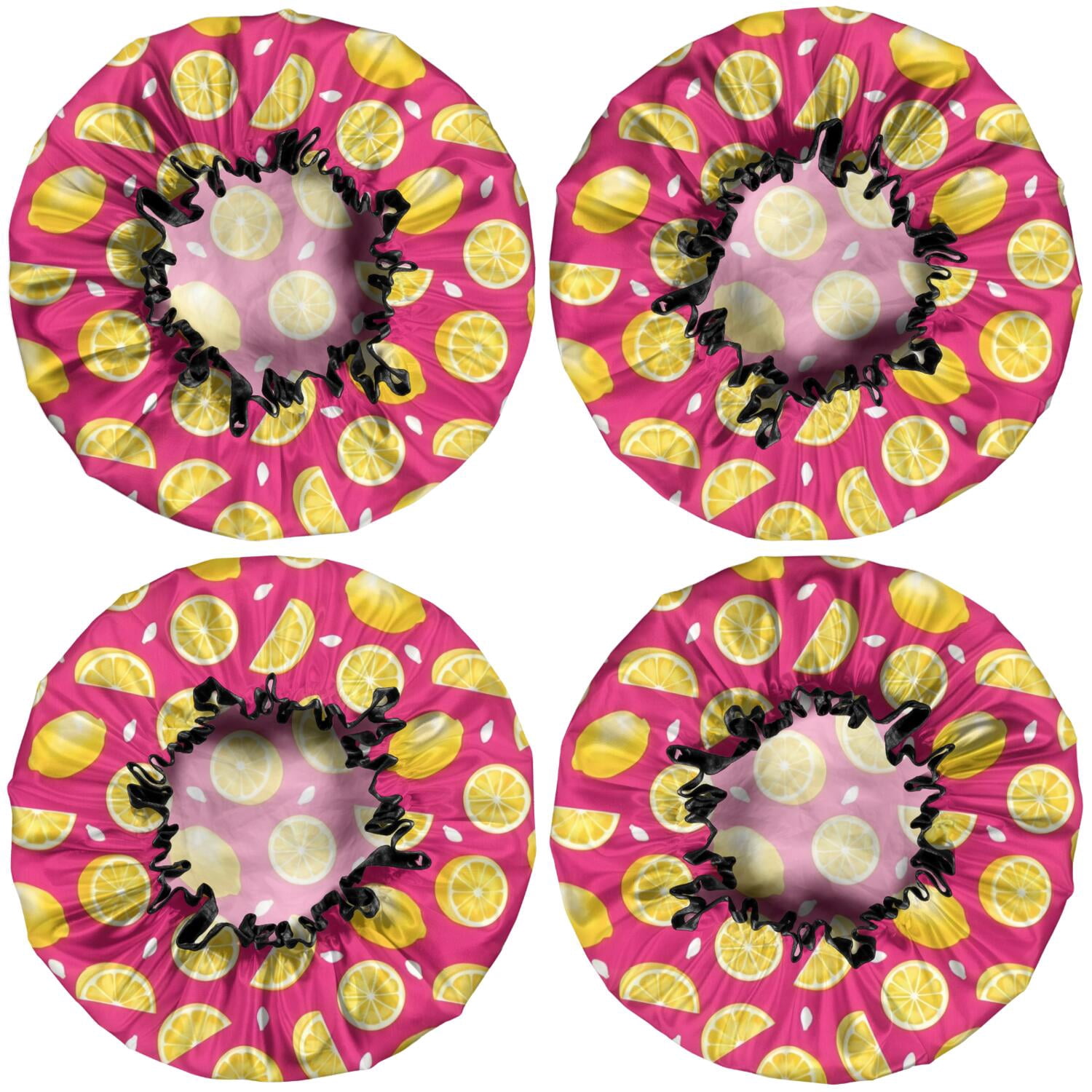 Shower Caps,Yellow Lemon Fruit Slices Pink Pattern Waterproof Shower Cap for Women 4 Pieces,Double Reusable Hair Cover for Shower PEVA Elastic Stretch Hem
