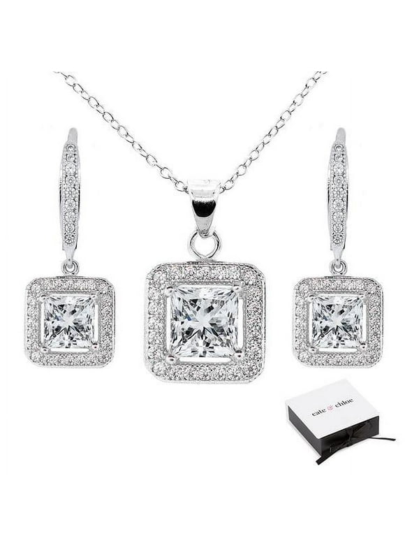 Cate & Chloe Ivy Jewelry Set, 18k White Gold Cubic Zirconia Pendant Necklace and Dangle Earrings, Bridal Jewelry Set, Necklace Earring Set for Women, Princess Cut Jewelry Set