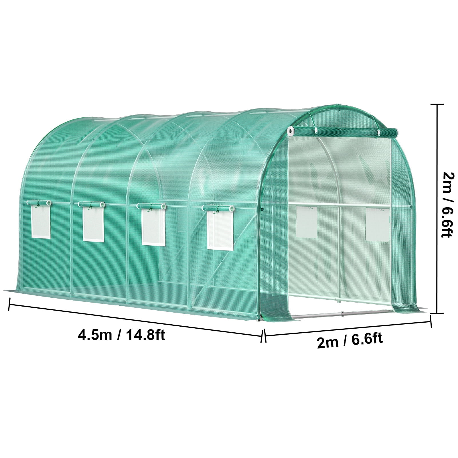 KFFKFF Walk-in Tunnel Greenhouse, 15 x 7 x 7 ft Portable Plant Hot House w/ Galvanized Steel Hoops,Diagonal Poles, Zippered Door & 8 Roll-up Windows, 1 Top Beam, Green