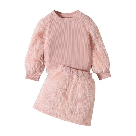 

WUXIAN Toddler Kids Baby Girls Long Sleeve Ribbed T-Shirts Tops Fuzzy Skirts 2PCS Princess Outfits Clothes Set Infants Children Relaxed Fit Dailywear