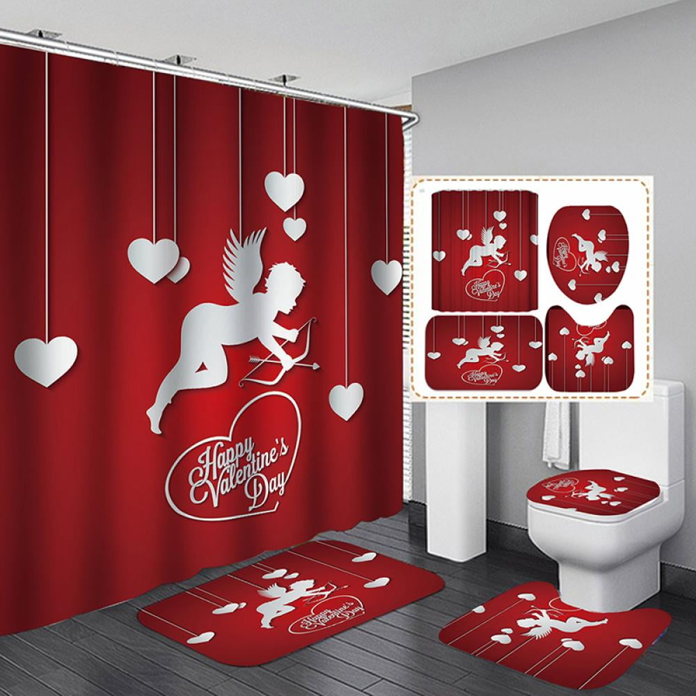 Waterproof Fabric Shower Curtain Set Valentines Day Wood Wall Red Hearts Design 