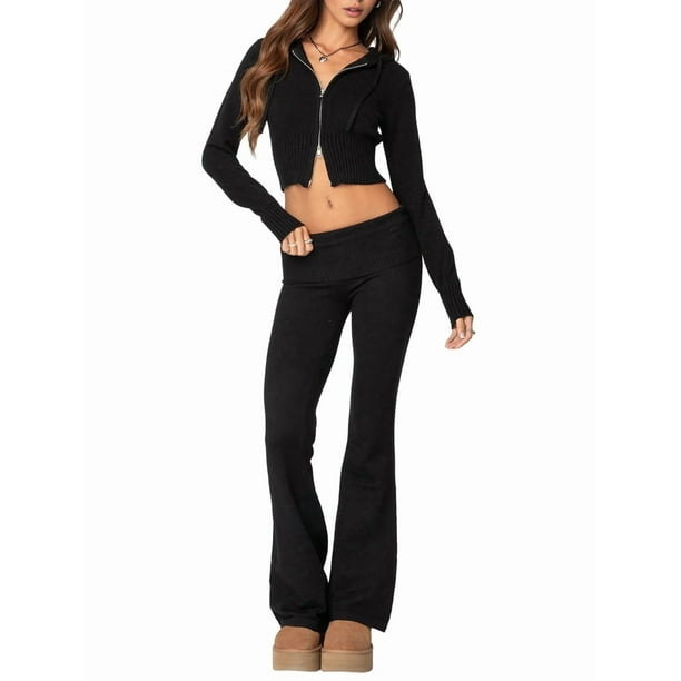 Conjunto de Dos Piezas de Punto para Mujer: Suéter de Larga con Cremallera, Sudadera Corta con Capucha y Pantalón Acampanado. Negro L